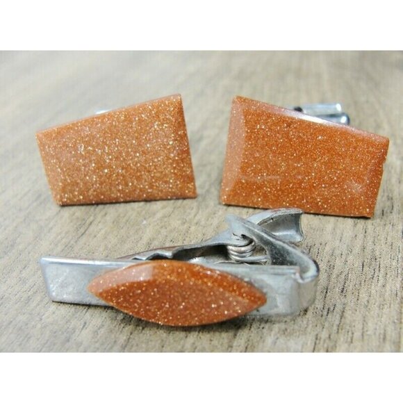 Cufflinks Silver Tone Copper Glitter Set Neck Tie Clip Tux Shirt Dress Suit Vtg - Picture 2 of 7